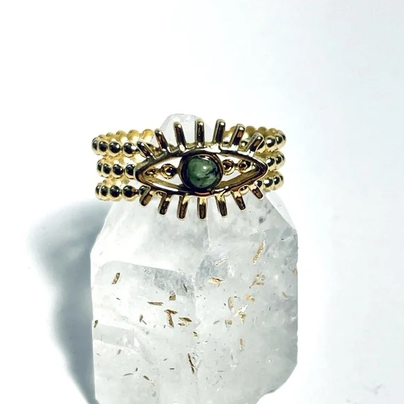 2/$20 ✨ LAST ONE! Evil Eye Beaded 18k Gold Plated Ring with Natural Green Stone - Picture 4 of 14